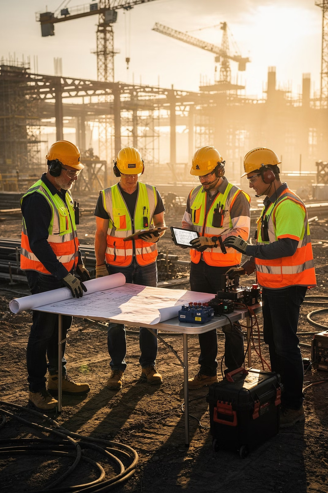 Professionnels équipés sur chantier en hauteur